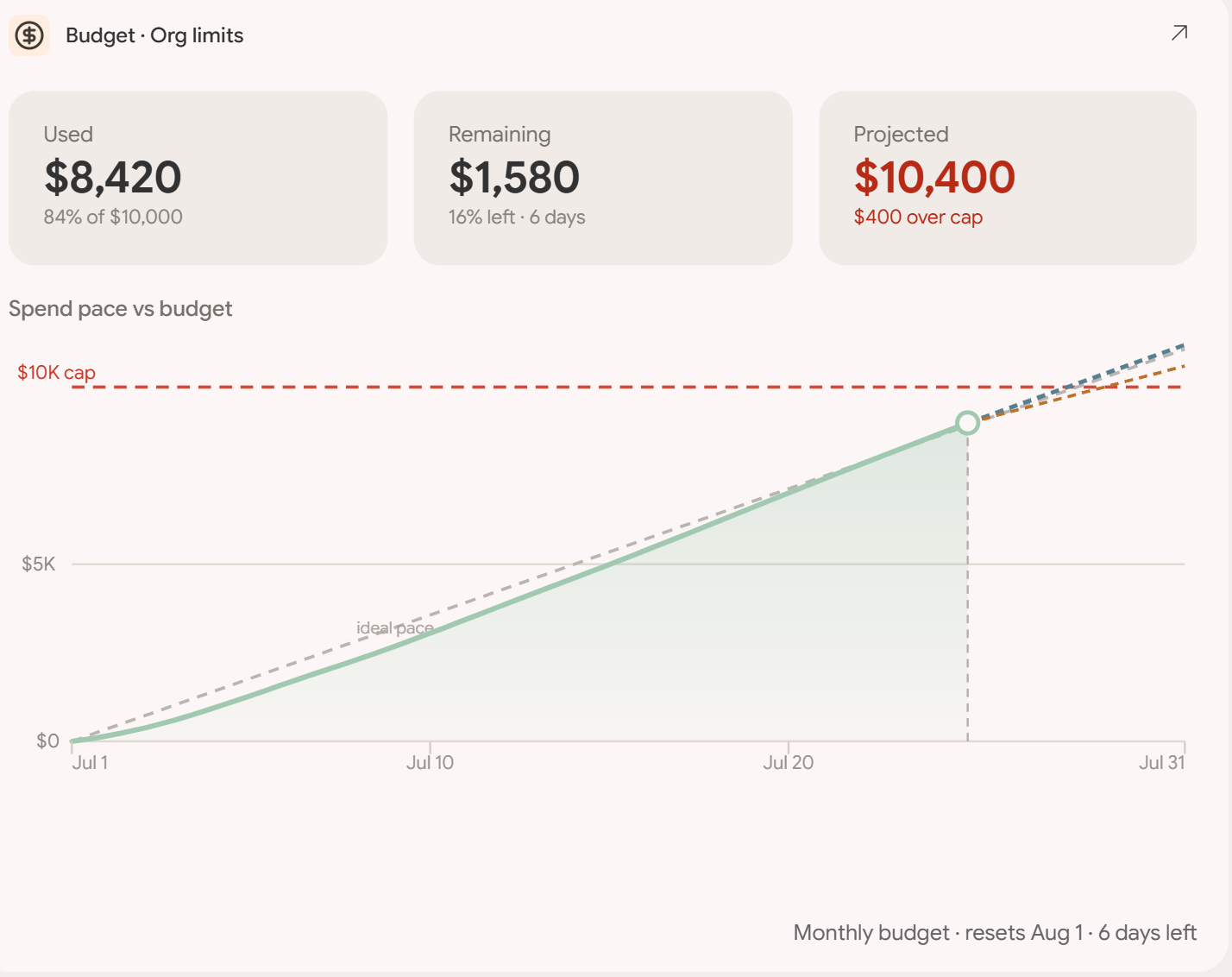 Novie budget dashboard with organisation level limits and burn-down pace